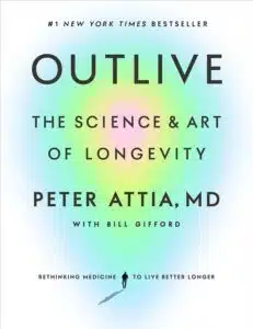 Outlive the science art of longevity book cover image showing a colourful gradient background with title by Peter Attia MD and Bill Gifford.