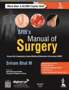 Surgical textbook cover featuring human anatomy and surgical procedure images, highlighting SRB's Manual of Surgery, a key resource for medical students and surgeons in India.