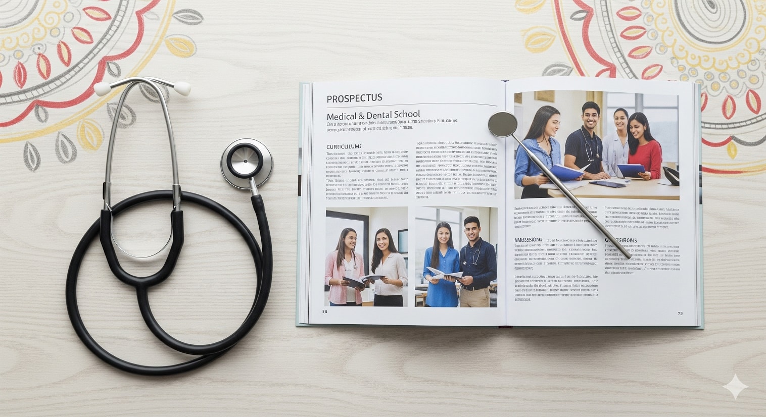 Punjab NEET Counselling : An artistic flat lay for a blog post about medical and dental college admissions, featuring a stethoscope, a dental mirror, and an open prospectus.