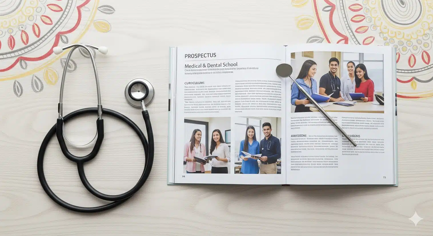 Stethoscope and medical brochure open showing MBBS counselling and medical student images, symbolising medical education and career guidance.