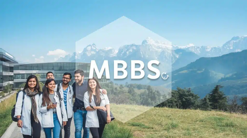 MBBS counselling session outdoors with smiling medical students in front of modern architecture and mountain scenery, promoting medical education and student support.