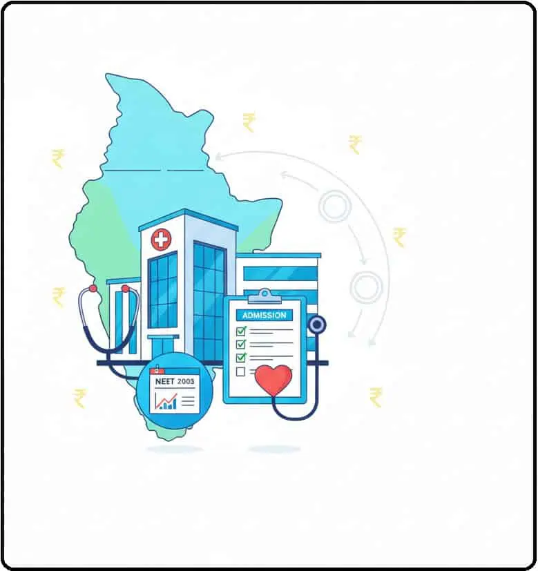 NEET medical admission counselling process in India, showcasing hospital, medical documents, and NEET exam results for aspiring medical students.