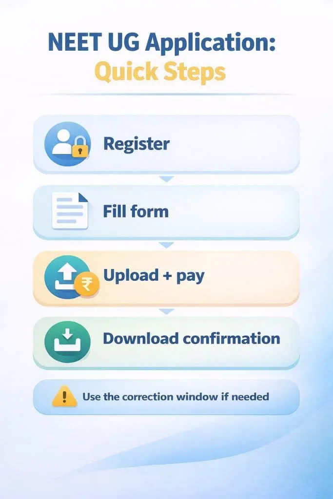 NEET UG application steps infographic showing register, fill form, upload and pay, and download confirmation process with icons on a light blue background