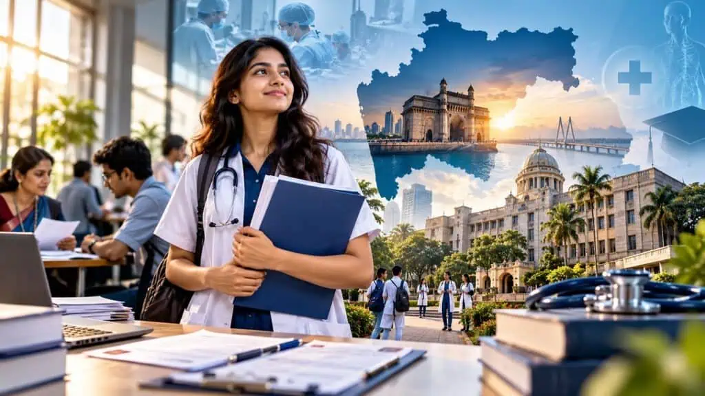 Aspiring medical student in Maharashtra with a stethoscope and admission documents, alongside medical colleges and the Maharashtra state map, representing NEET UG MBBS counselling.