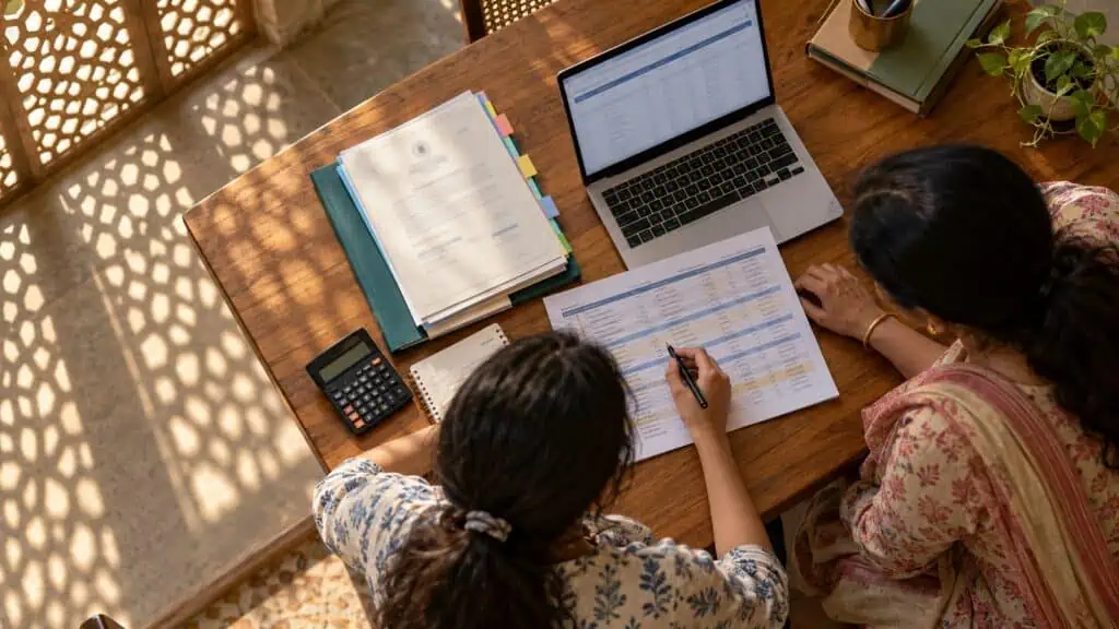 Overhead view of a student and her mother reviewing MBBS college choices, admission documents and fees at a wooden table.